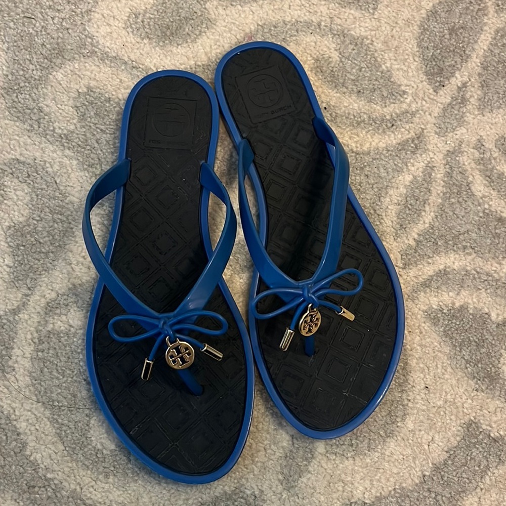 Tory Burch Royal Blue and Black Flip Flops Womens Size 7